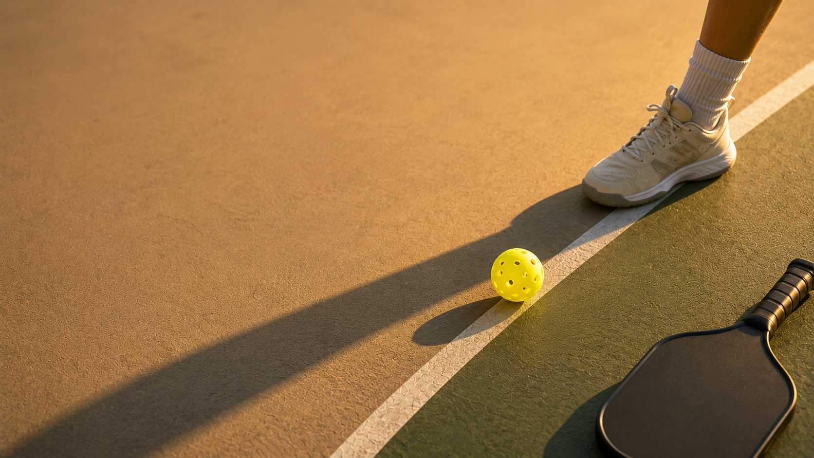 Close-up of a pickleball stopped just inside the kitchen line with a shoe-print partly in the non-volley zone, long late-afternoon shadow across the court.