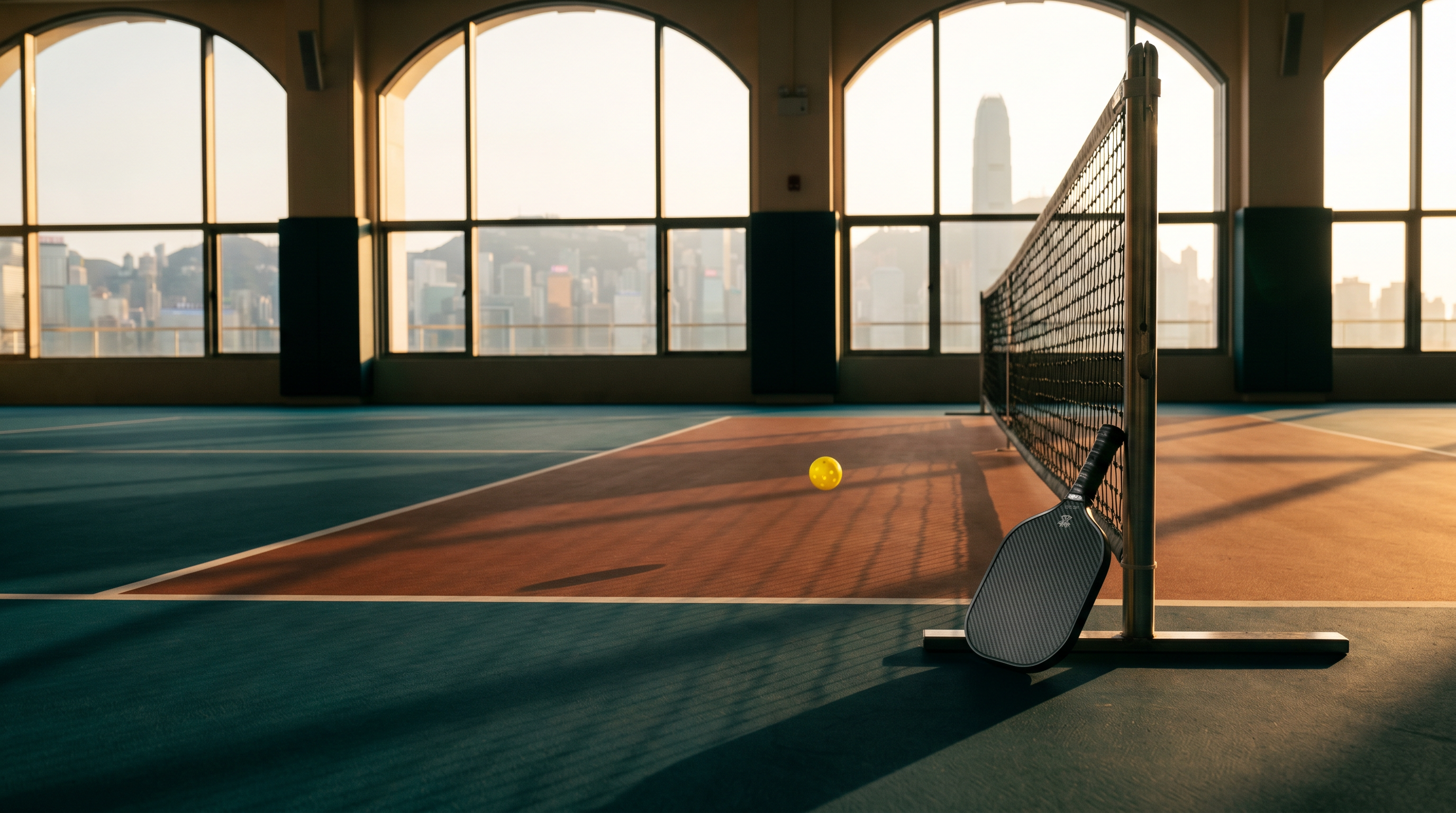 A pickleball ball mid-bounce on an indoor Hong Kong court at golden hour, paddle resting on a net post.