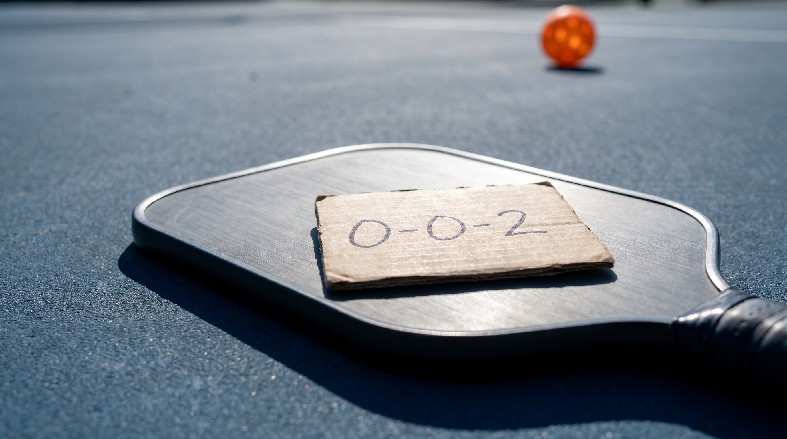 A handheld scorecard reading 0-0-2 resting on a paddle, single orange pickleball ball blurred behind on a slate-blue court.