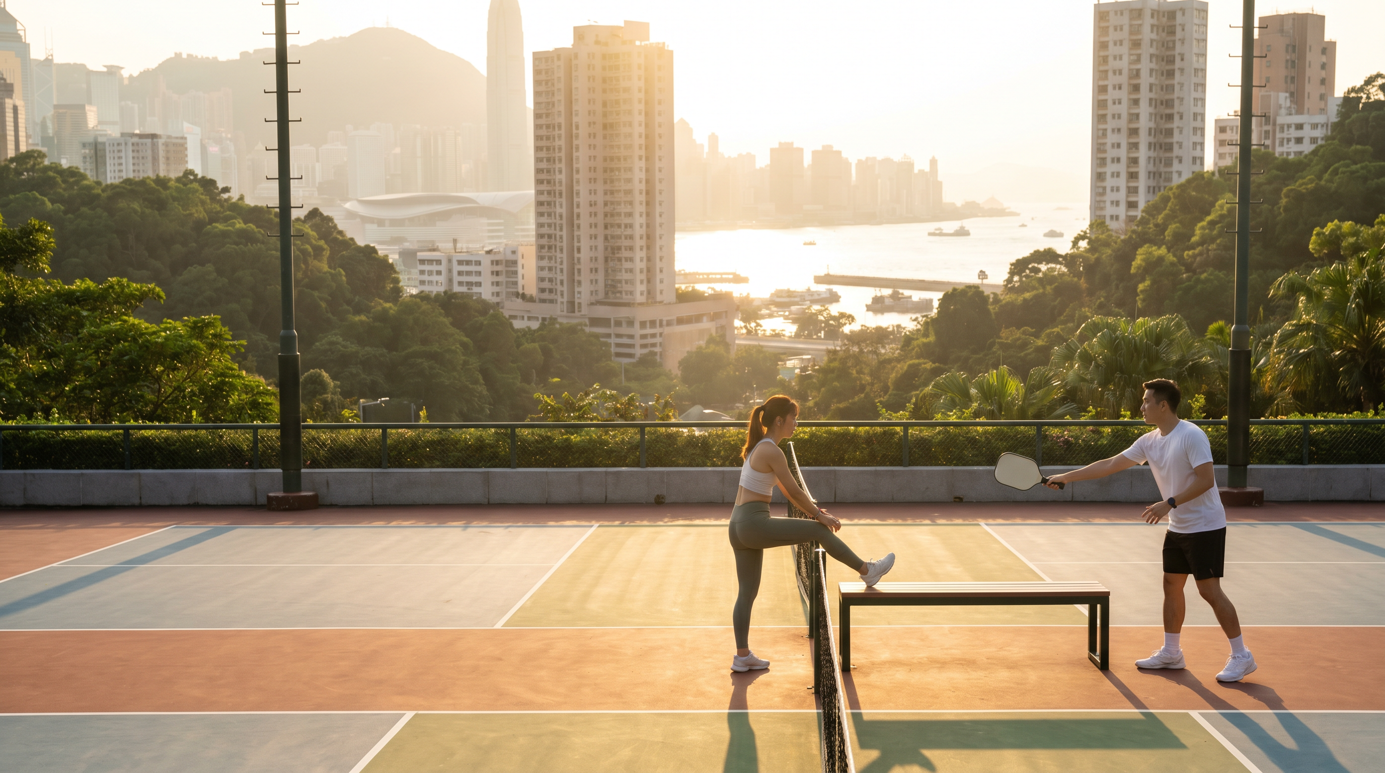 Pickleball court shoes laced and ready beside a paddle on a wood bench, steaming coffee mug in morning light.