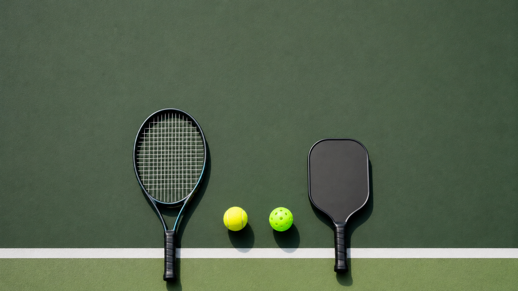 Top-down museum plate of a tennis racquet and a pickleball paddle side by side on forest green felt, tennis ball and pickleball between them.