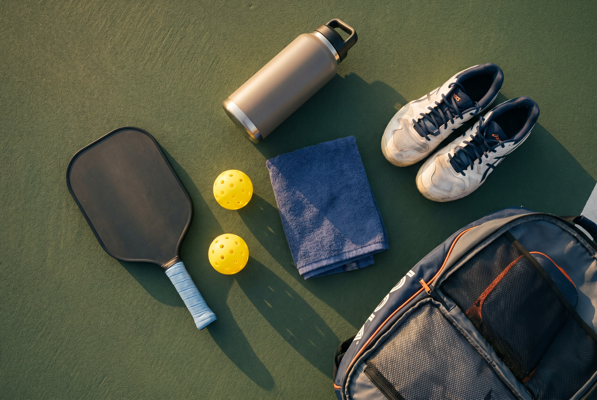 Flat-lay of a beginner's pickleball kit on a warm walnut surface, paddle, lime pickleball, court shoes, water bottle, towel, and wristband.