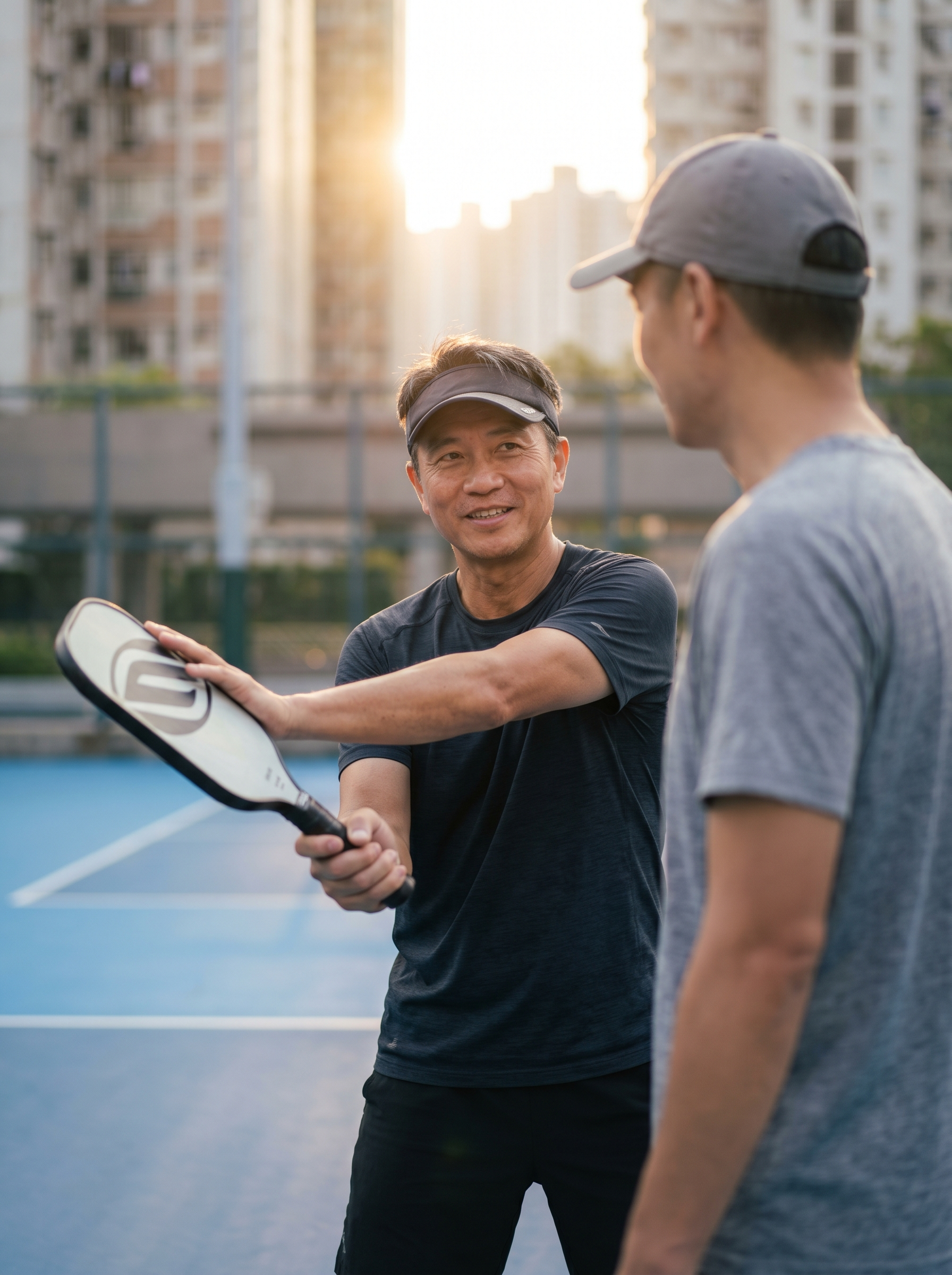 Coach demonstrating a forehand stance to a beginner on an outdoor pickleball court