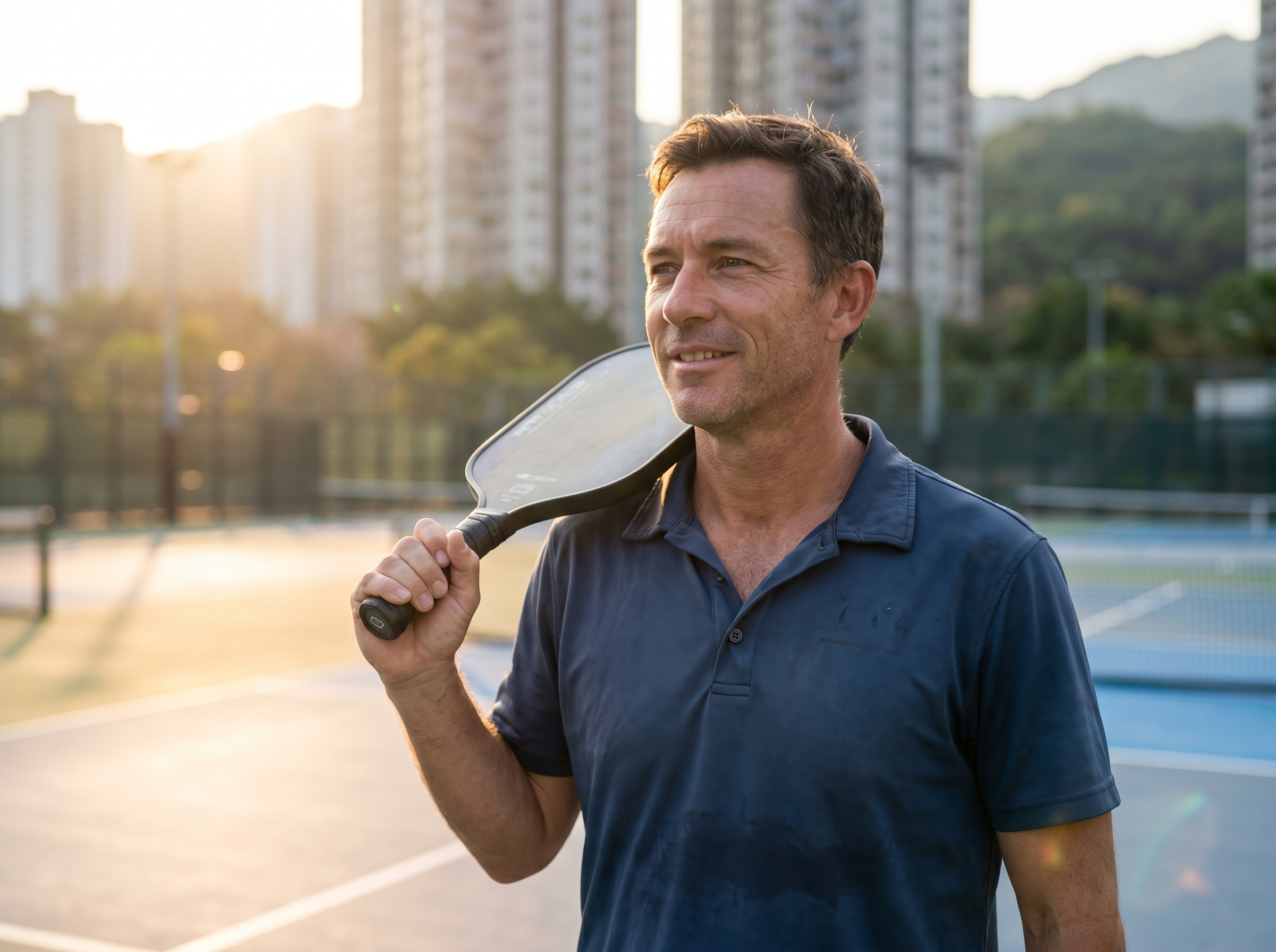 Pickleball coach standing confidently on an outdoor court