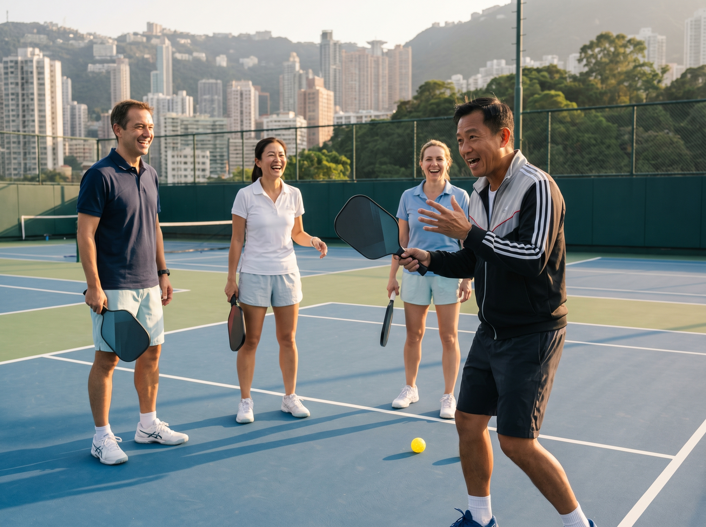 Adults in office athletic wear during a corporate pickleball intro