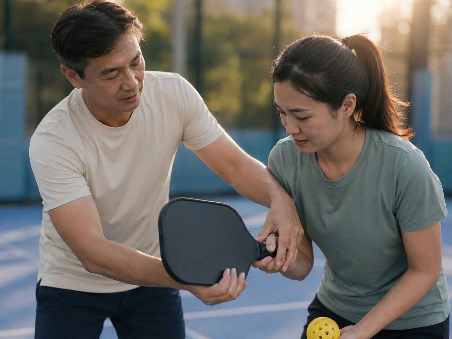 Coach guiding a beginner's paddle grip hand-over-hand