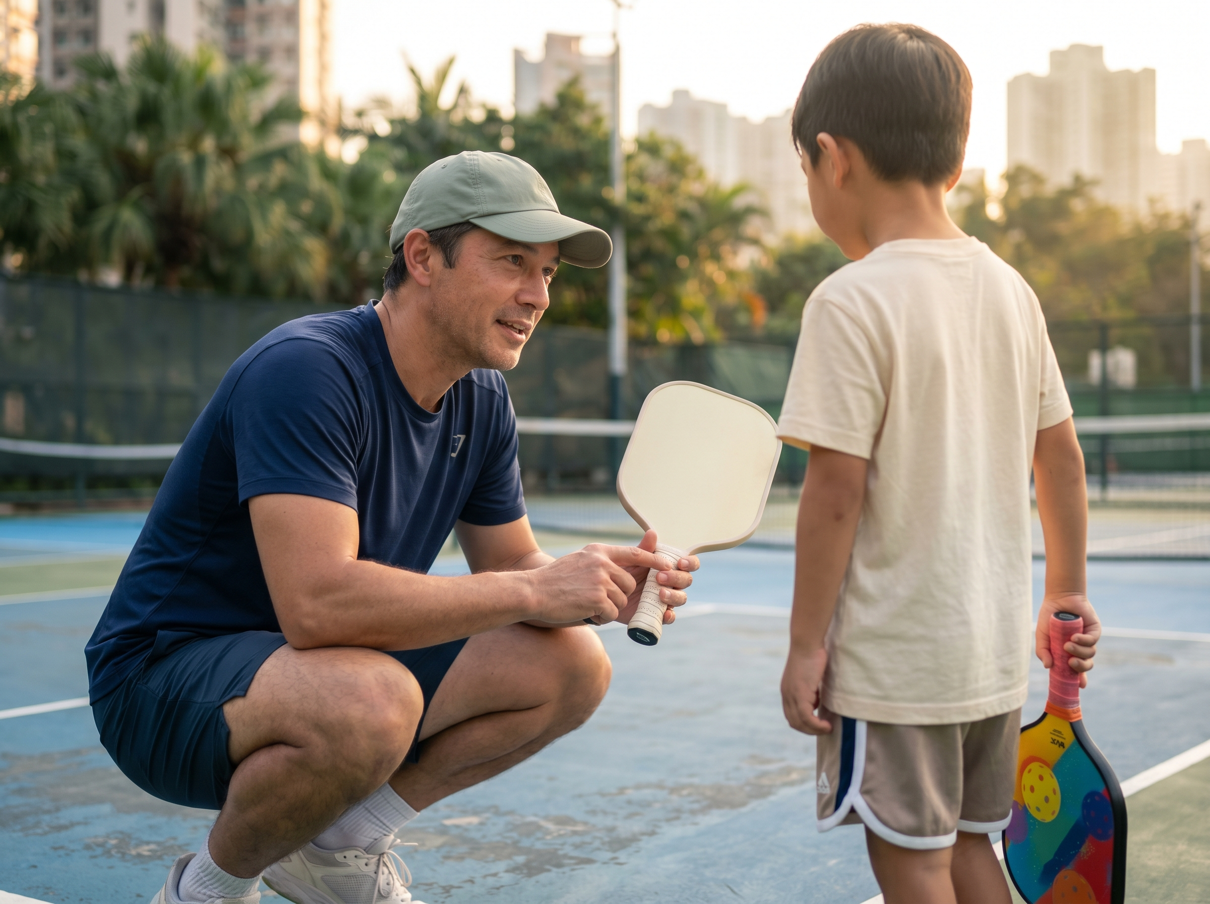 Coach crouching next to a child explaining paddle grip
