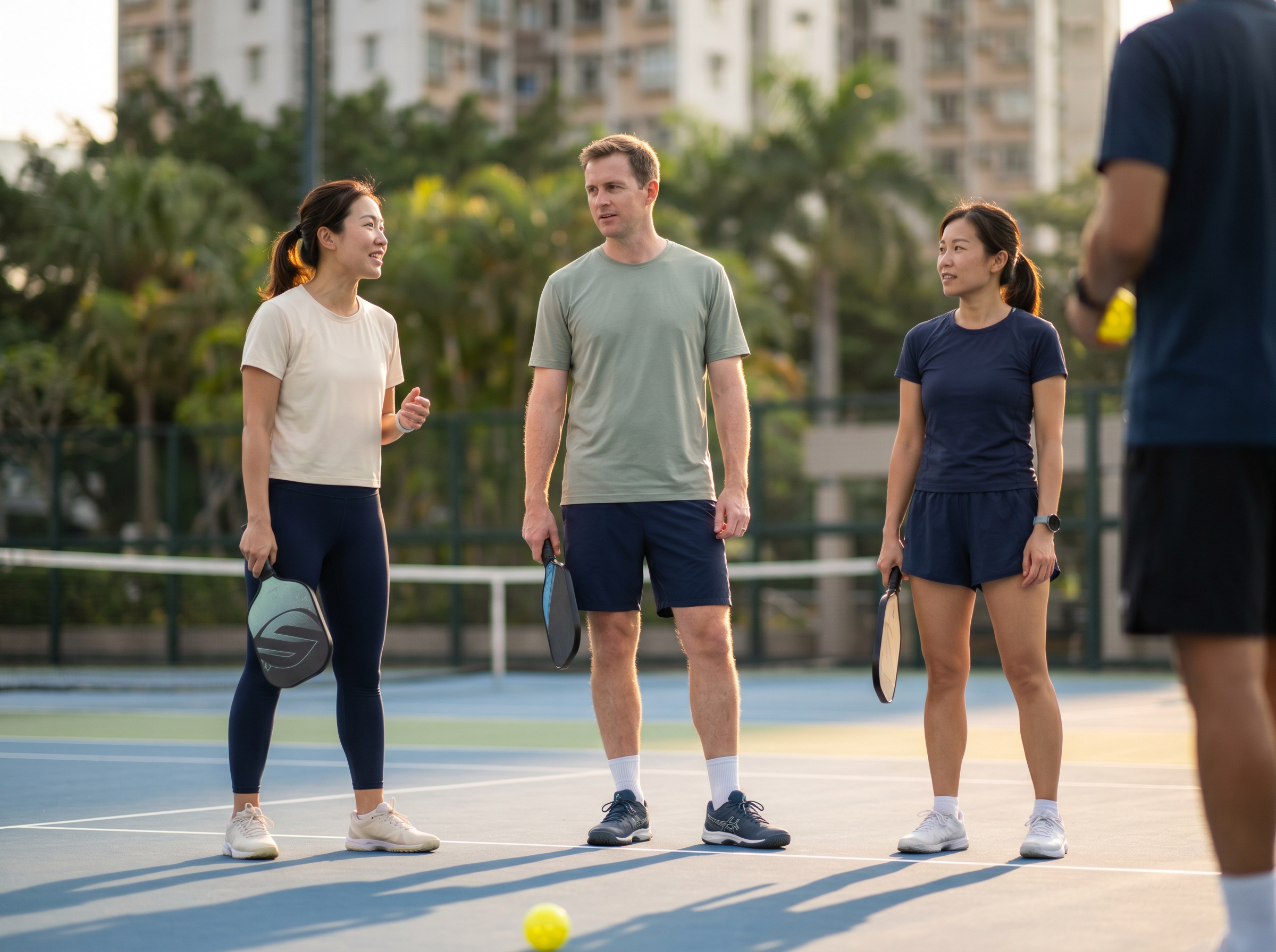 Three adults learning together at the baseline of a pickleball court