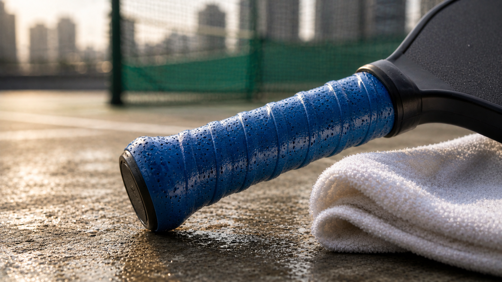 Tacky overgrip wrapped on a pickleball paddle