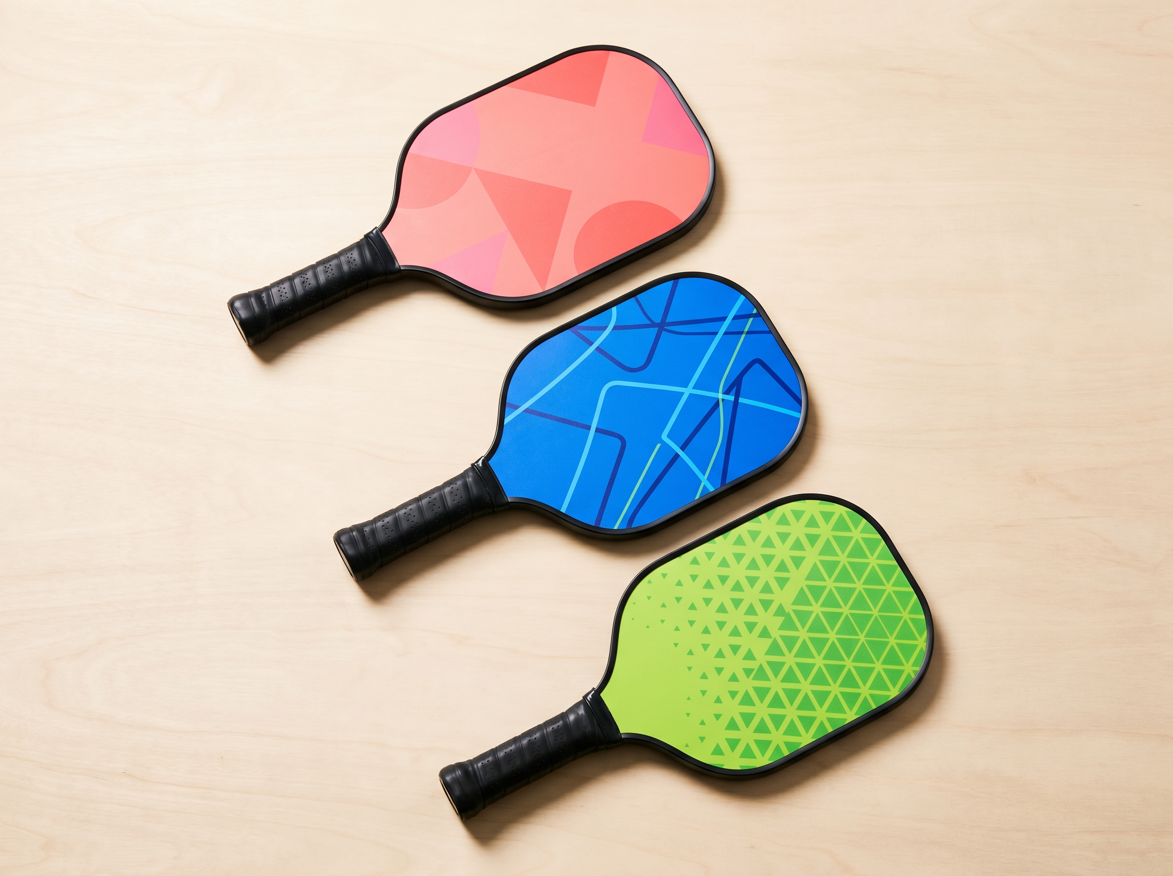 Junior pickleball paddles in saturated colors