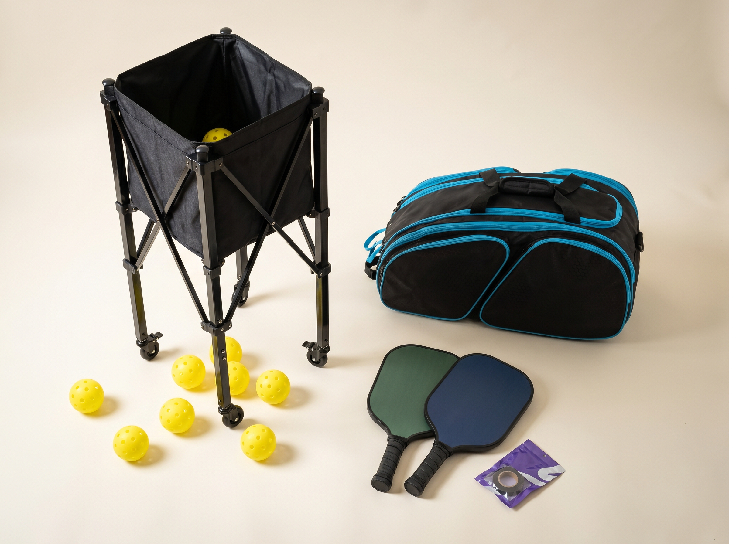 Pickleball balls, paddles, eye protection, and a ball cart arranged together