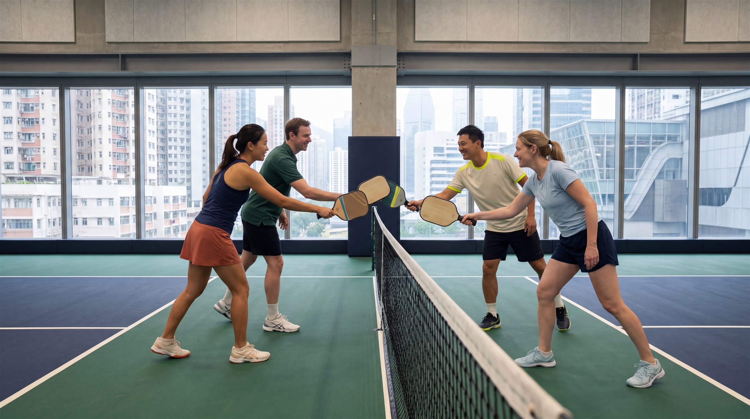 Beginner pickleball players tapping paddles on an indoor Hong Kong court