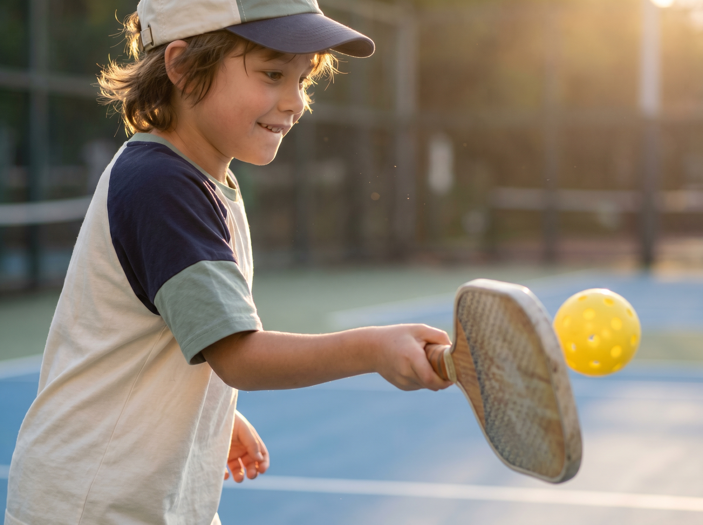 Young child mid-swing connecting with a pickleball