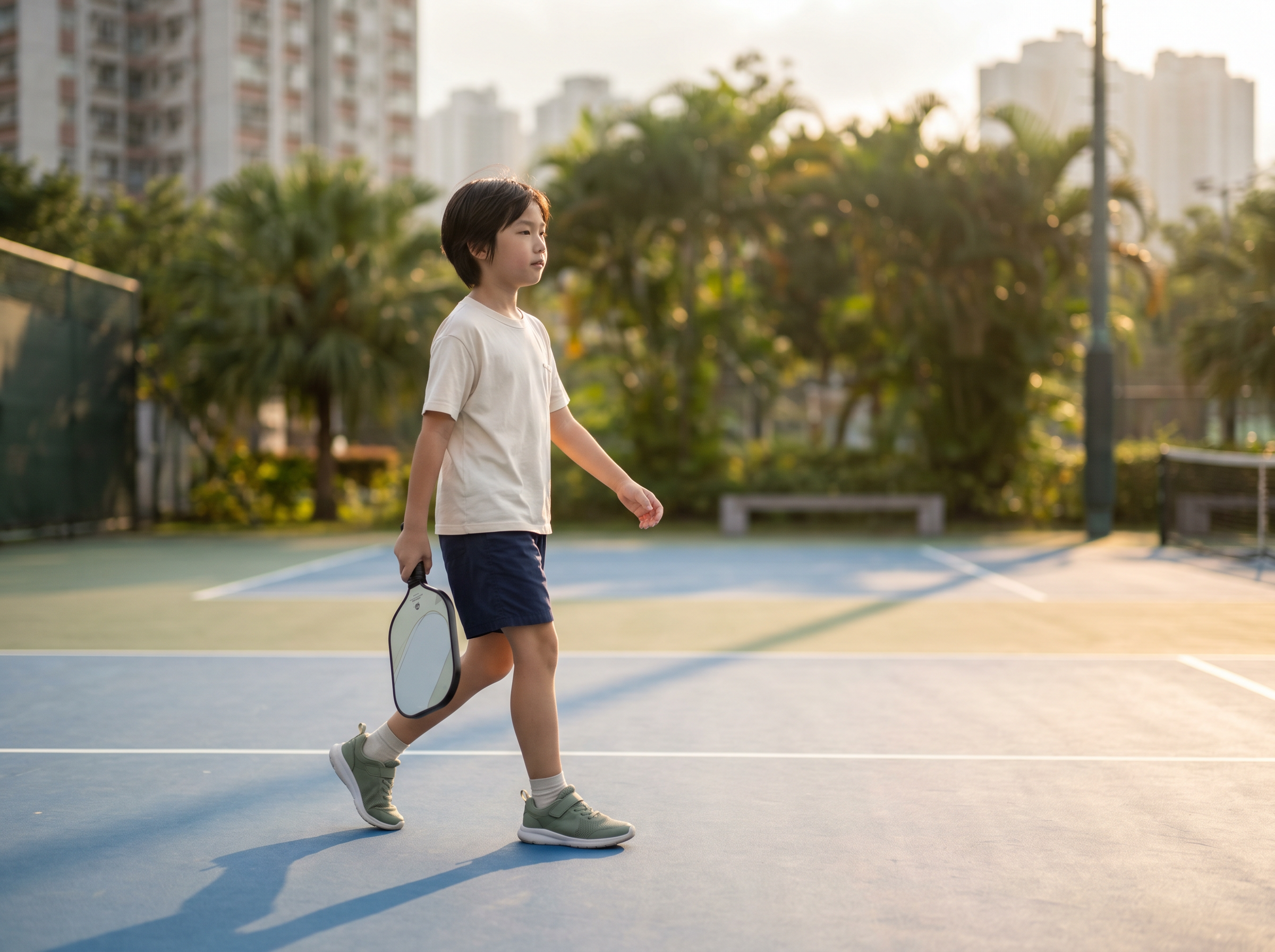 Kid moving easily across an outdoor pickleball court