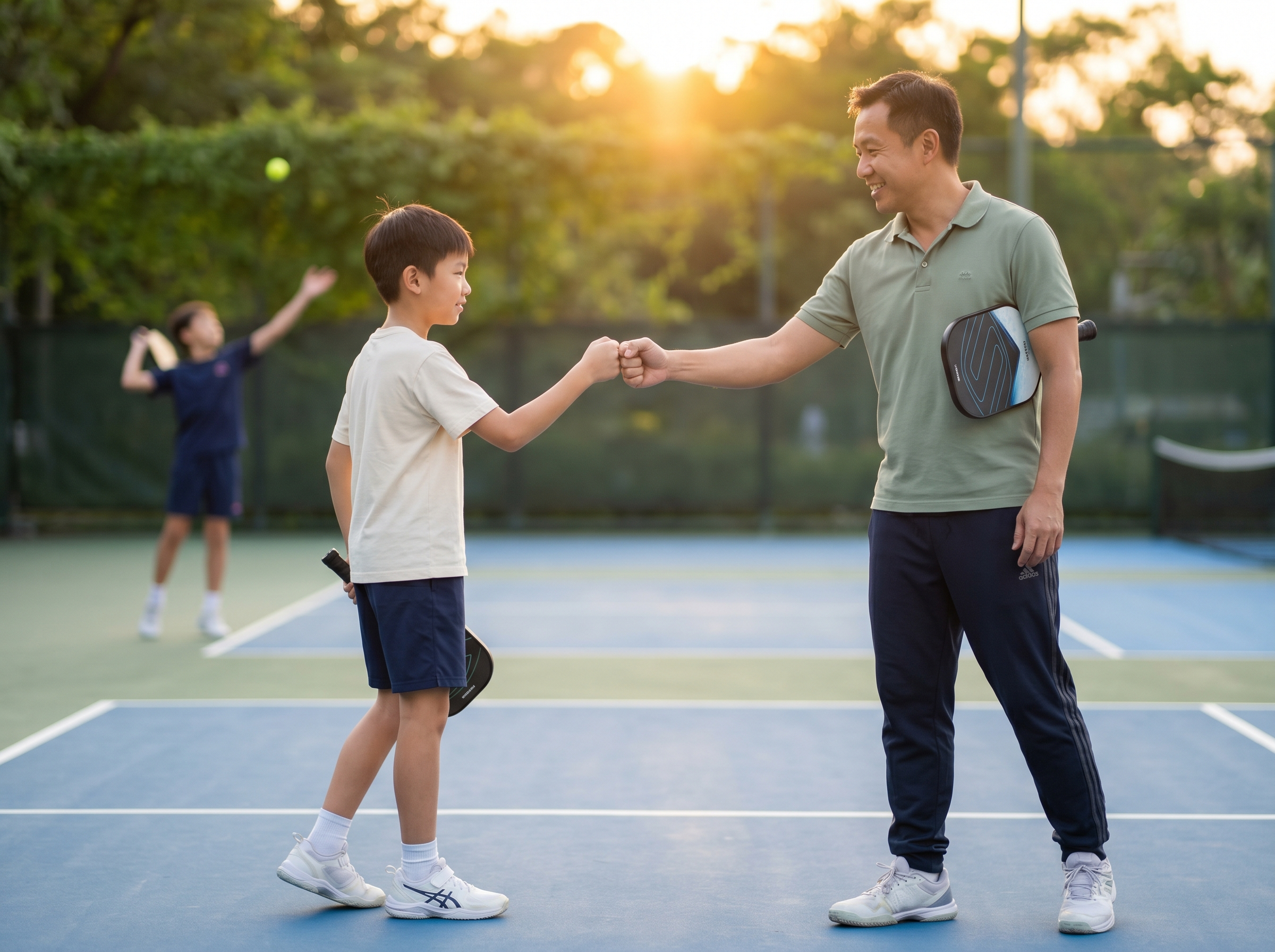 Kid bumping fists with a coach between points