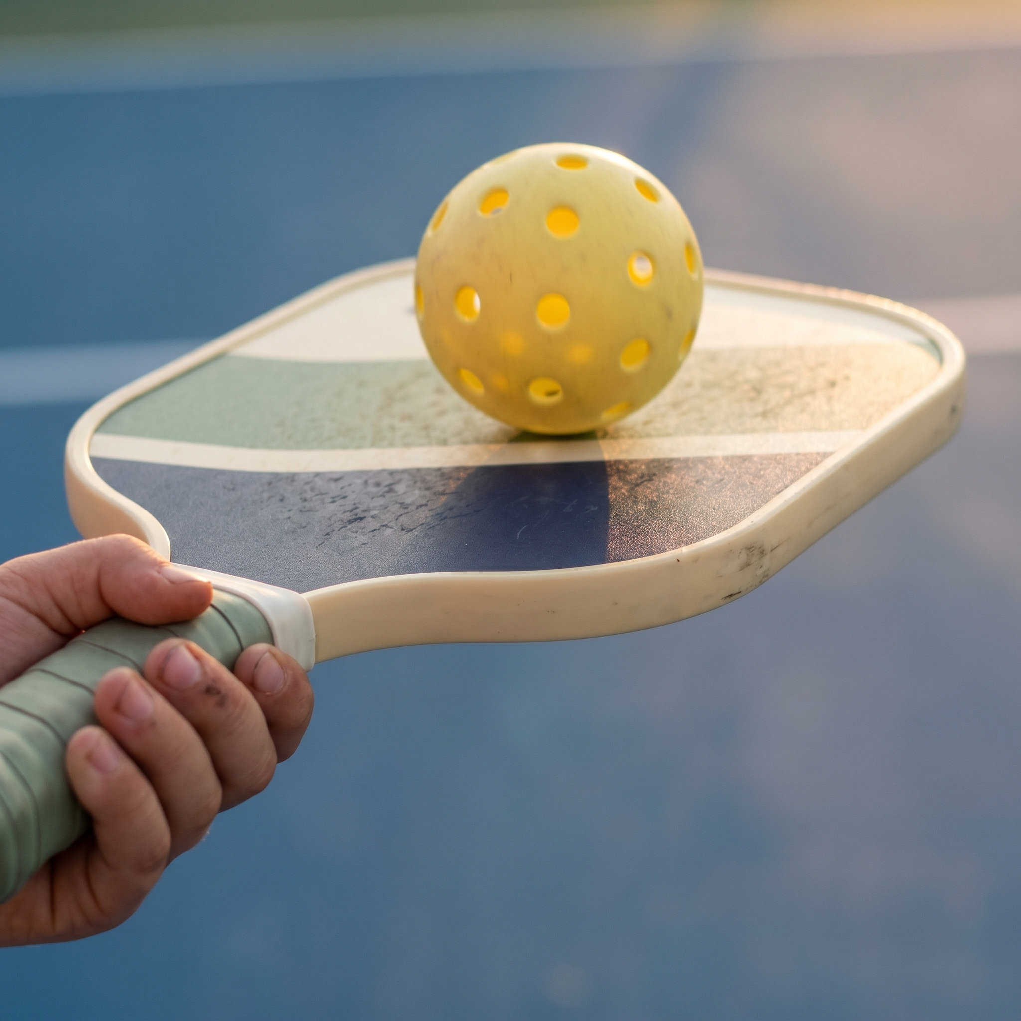 Child's hand gripping a junior pickleball paddle with a yellow ball