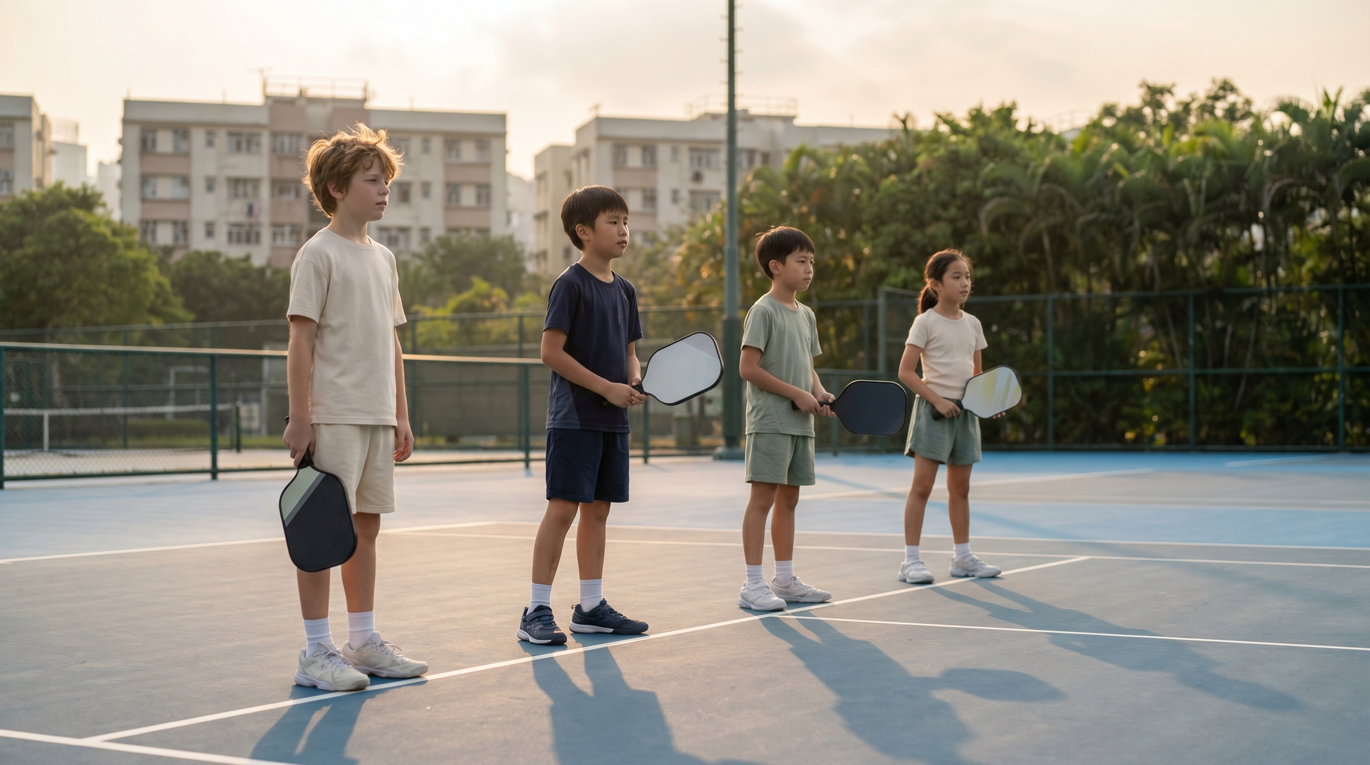 Group of kids lined up on a Hong Kong pickleball court during a junior clinic
