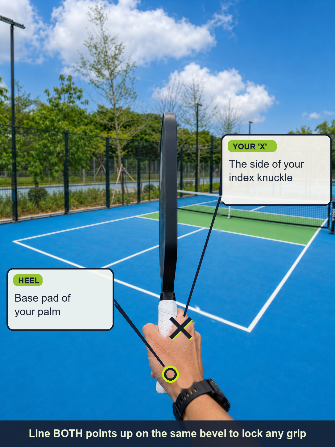 A hand gripping a pickleball paddle on a blue court, with the side of the index knuckle marked with an X and the heel of the hand circled, labelled as the two reference points for setting a grip.
